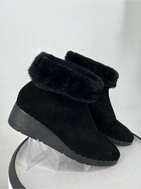 Steven Natural Comfort Bingo Black Suede Faux Fur Cuff Wedge‎ Booties